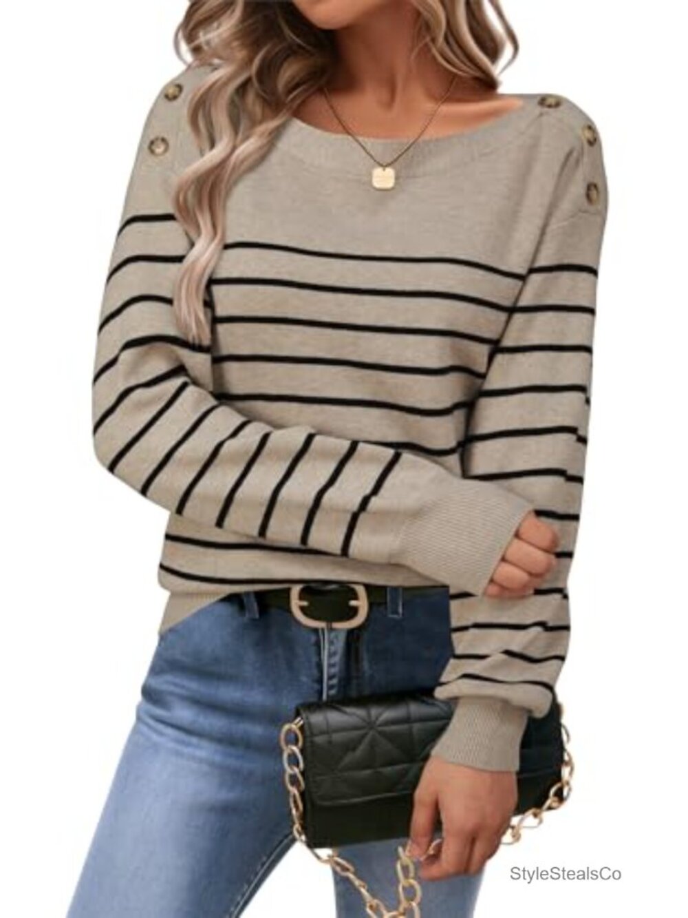 Wool Blend Striped Boat Neck Long Sleeve Pullover Sweater